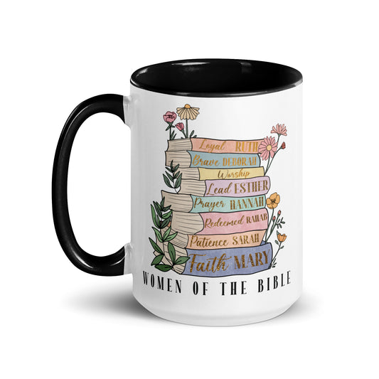 Faith-inspired Christian mug for women with biblical names in elegant black font