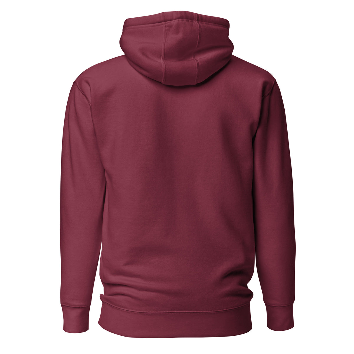 Maroon hoodie shown from the back on a white background