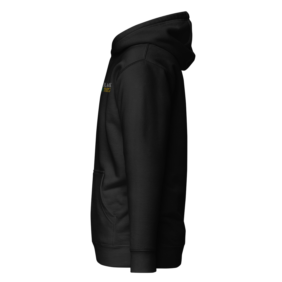 All black unisex cotton hoodie with embroidered text All Black in white thread, everything in red, green and yellow on a white background.