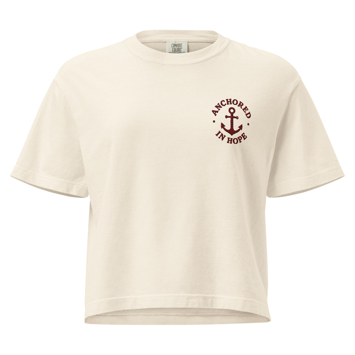 Anchored in Hope Women’s Boxy Tee in ivory with burgundy anchor design