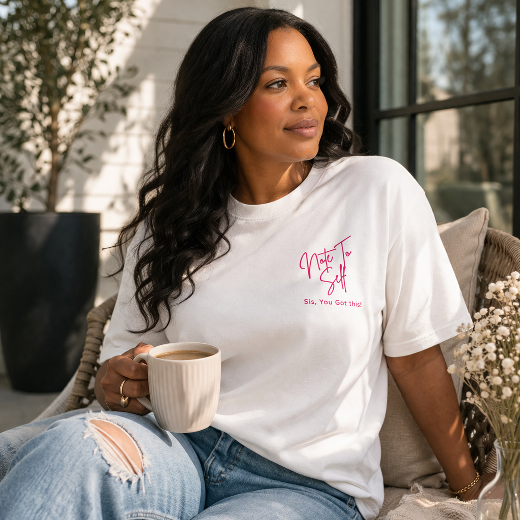 Black woman wearing white “Note to Self – Sis, You Got This” affirmation t-shirt, styled with light wash jeans and holding coffee in a cozy, sunlit home setting