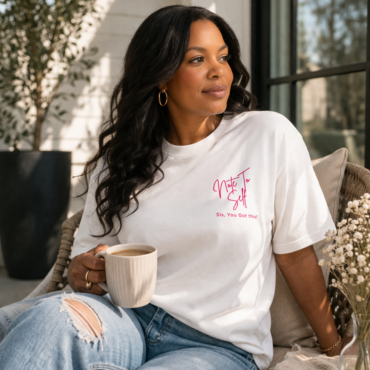 Black woman wearing white “Note to Self – Sis, You Got This” affirmation t-shirt, styled with light wash jeans and holding coffee in a cozy, sunlit home setting