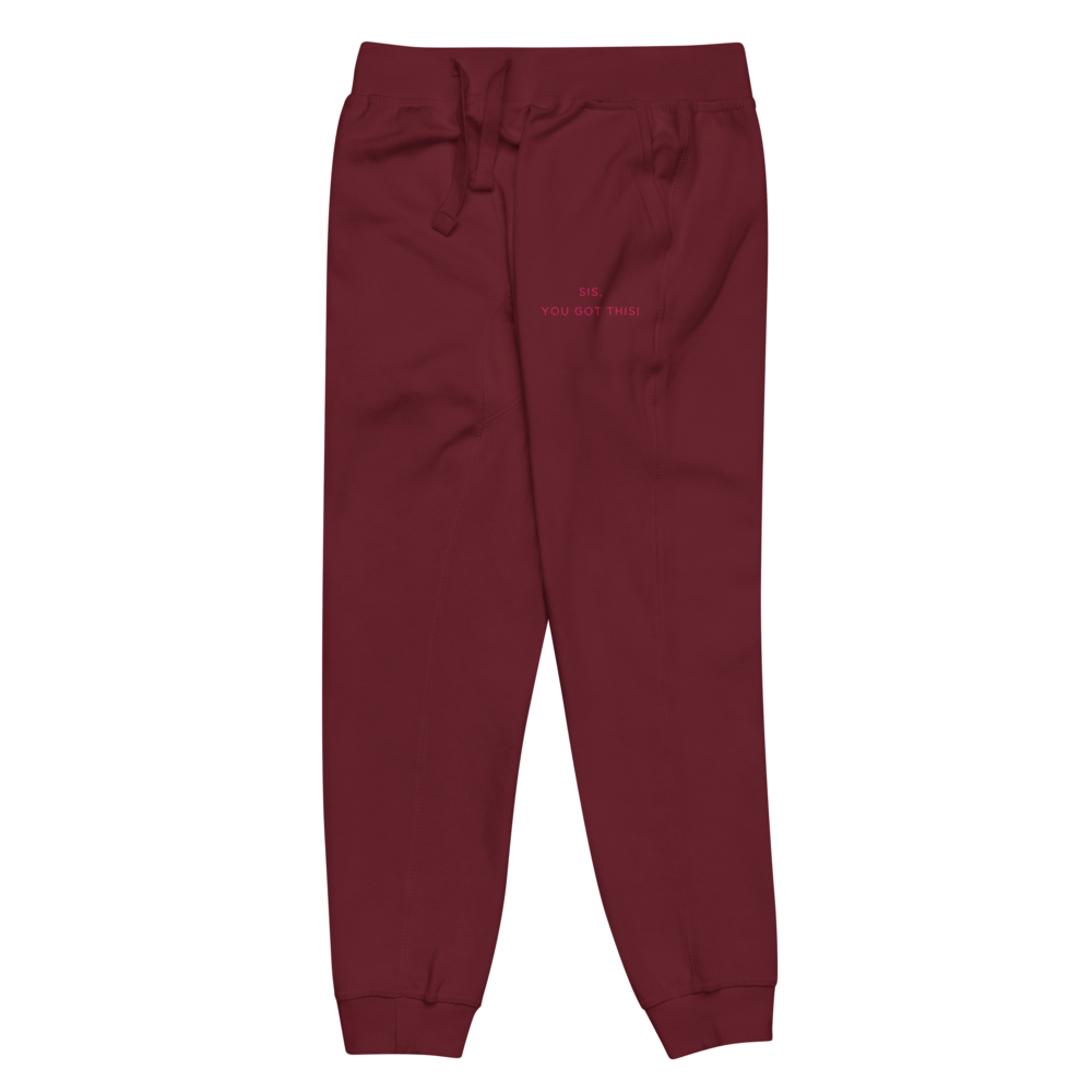 left leg view Maroon sweatpants with a small text that reads Sis, you got this on a white background