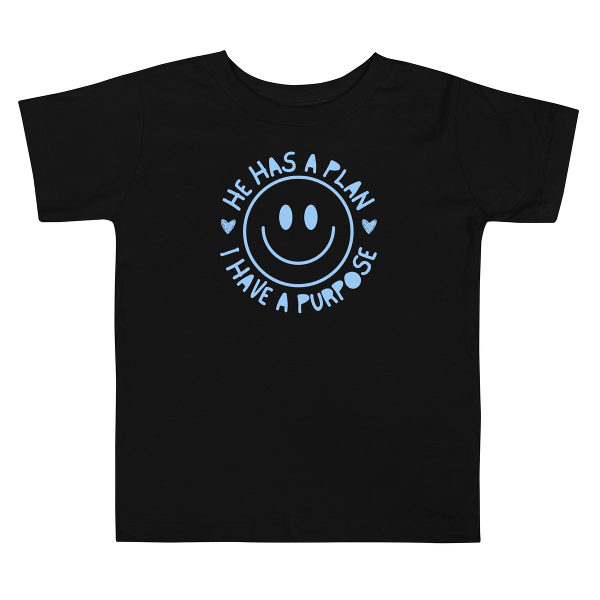 black toddler t-shirt with "He has a plan i Have A purpose" smiley face graphic in blue